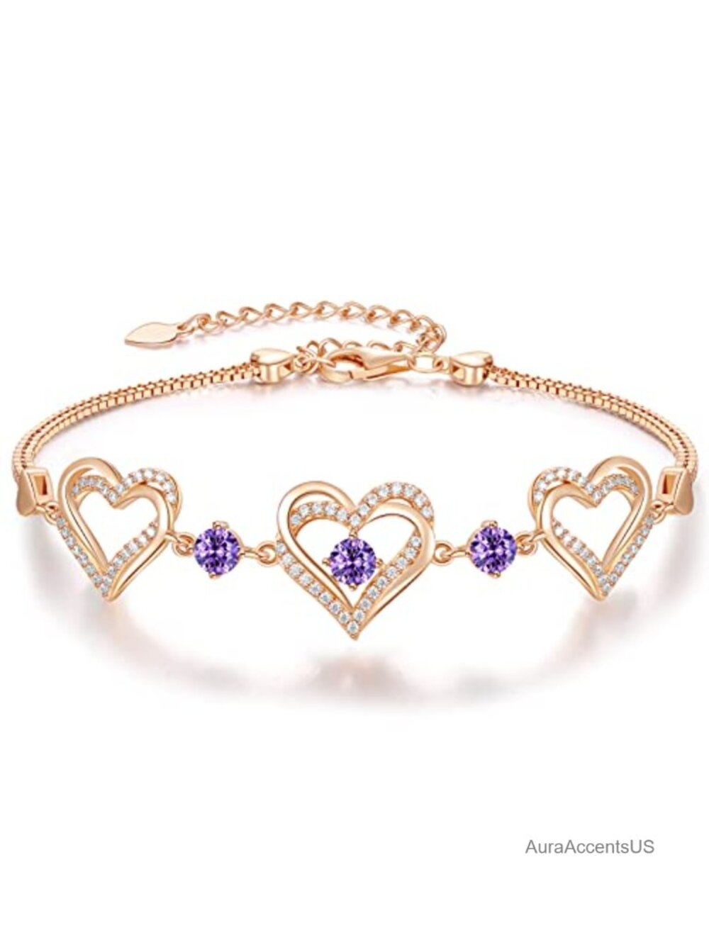 Interlocking Heart Charm Birthstone Bracelet - Hypoallergenic, 5A Cubic Zirconia
